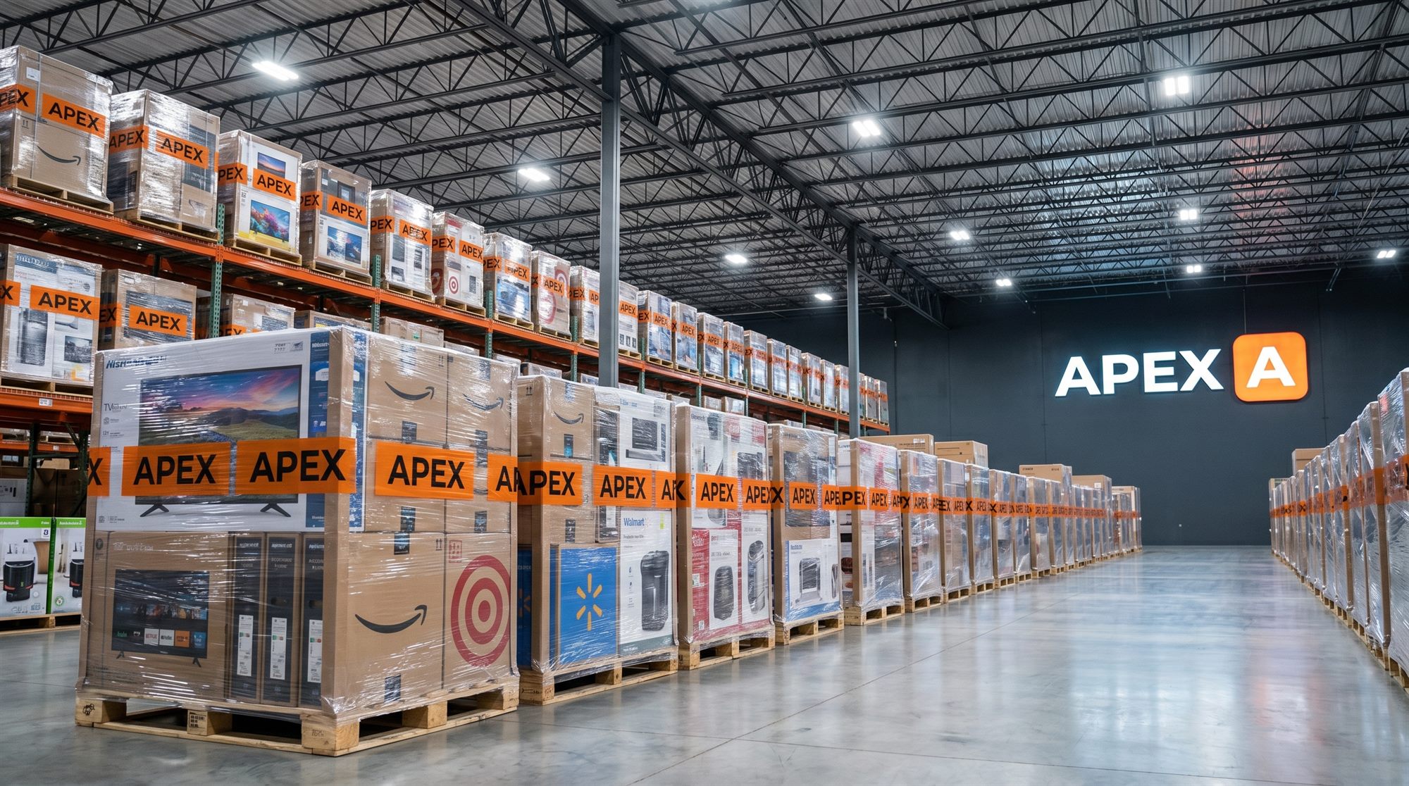 APEX liquidation warehouse stacked with shrink-wrapped pallets of overstock electronics and appliances